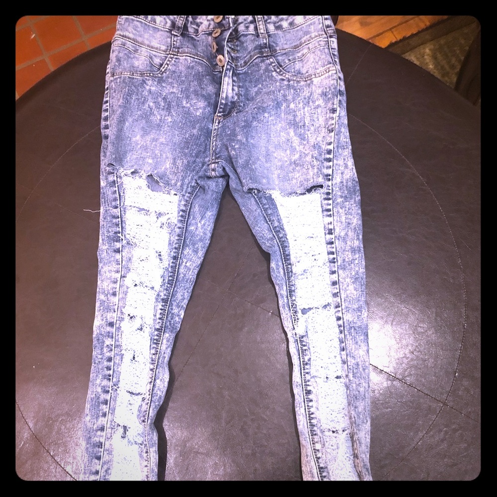 Custom distressed skinny acid-washed jeans